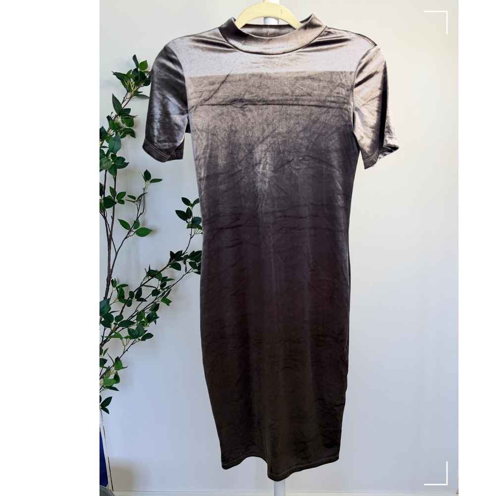 Zara Trafaluc Womens Velvet Mock Neck Mini Dress Taupe Brown Short Sleeve Medium - Picture 2 of 6